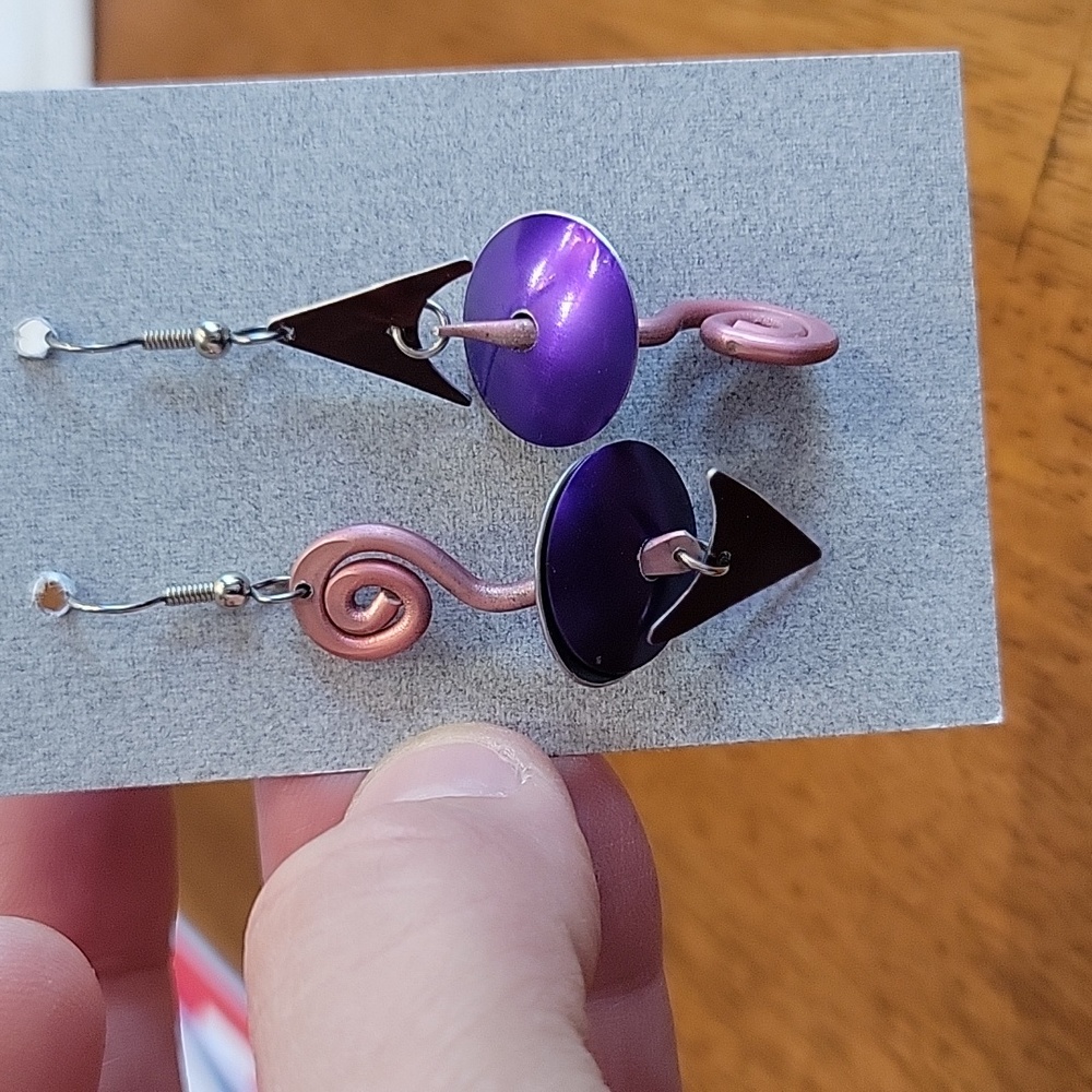 Vintage Purple Aluminum Metal Asymmetrical Hanging Earrings